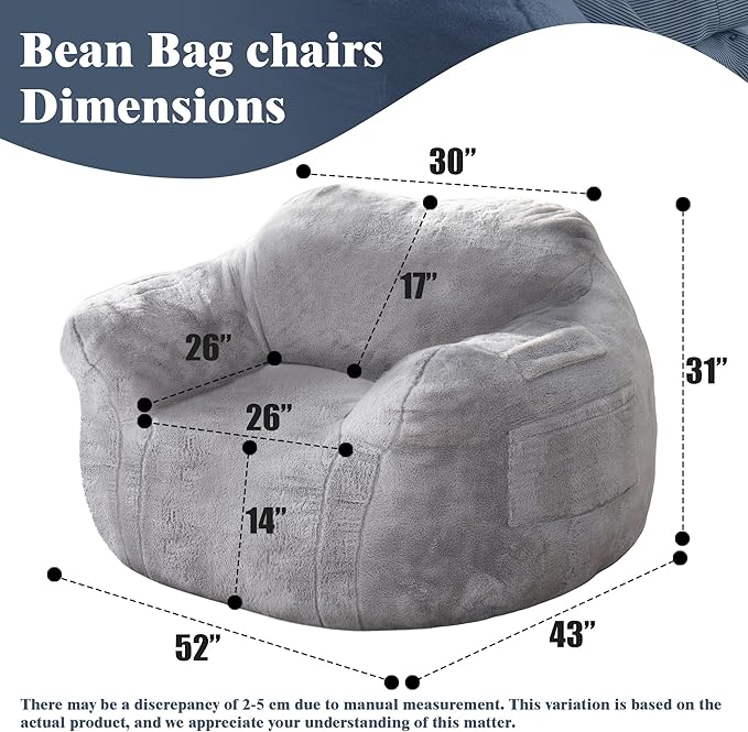 Large Bean Bag Chairs for Adults - Oversized Memory Foam Filled Bean Bag Sofa | Fluffy Adult Bean Bag Chair, Big Bean Bag Chairs for Living Room, Bedroom & Dorm - Gray
