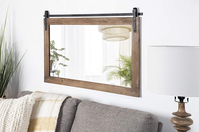 Kate and Laurel Cates Farmhouse Horizontal Wood Framed Wall Mirror, 40 x 26, Rustic Brown, Barn Door-Inspired Rustic Mirrors for Wall