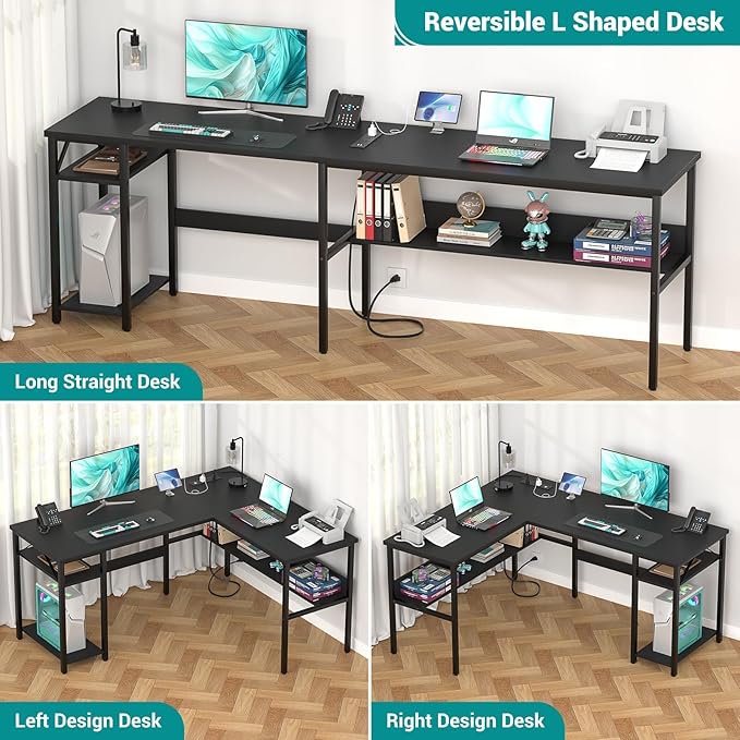 Reversible L Shaped Computer Desk with Power Outlets and USB Charging Ports, Sturdy Corner Desk with Storage Shelf, Modern Work Gaming Table for Home Office, Easy to Assemble, Black