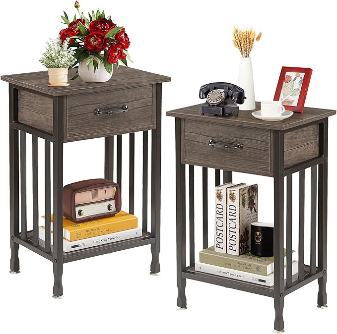 VECELO Nightstands, Industrial Side Table/End Tables with Drawer and Storage Shelf, Night Stands for Bedroom, Living Room, Wood Metal Furniture, Easy Assembly