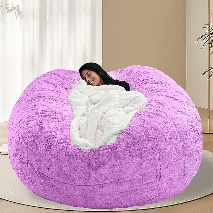 BCU 6FT Bean Bag Chair for Adults and Kids Without Filler Giant Stuffed Animal Storage Cover Soft Faux Fur Floor Chair Cover for Bedroom Living Room, Purple