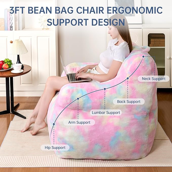 Large Bean Bag Chairs for Adults & Kids, 3FT Memory Foam Bean Bags with Filler, Ultra Soft Faux Fur Fabric - Fluffy Bean Bag Chair for Living Room Bedroom College Dorm (Colorful)