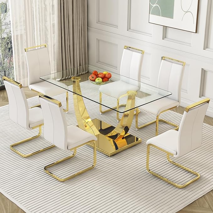 Modern Dining Chairs Set of 6,High Back White Kitchen Chairs,Faux Leather Side Chair with Gold Plated Metal Legs,Easy to Clean Upholstered Dining Chairs,Ideal for Living Room(Gold Leg)