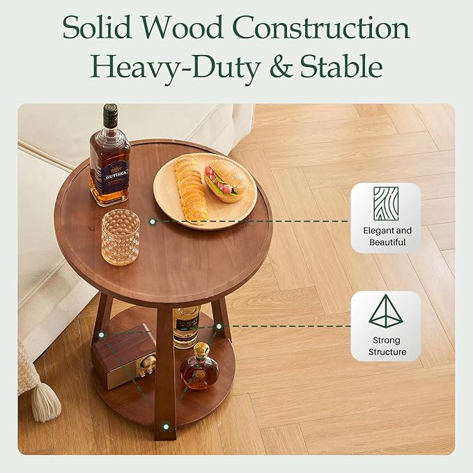 Round Solid Wood Side Table - Small Round Wooden End Table, Modern Living Room Side Beside Tables with Shelf for Couch Sofa Armchair Office Bedroom, Walnut, 19.6 in x 19.6 in x 23.6 in