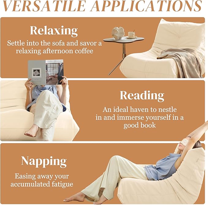 Bean Bag Chair, Fireside Chair Bean Bag Sofa for Adults, Bean Bag Chairs for Teens with High-Resilience Foam, Memory Foam & Non-Slip Base Bean Bag for Living Room, Bedroom, Office (Suede,White)