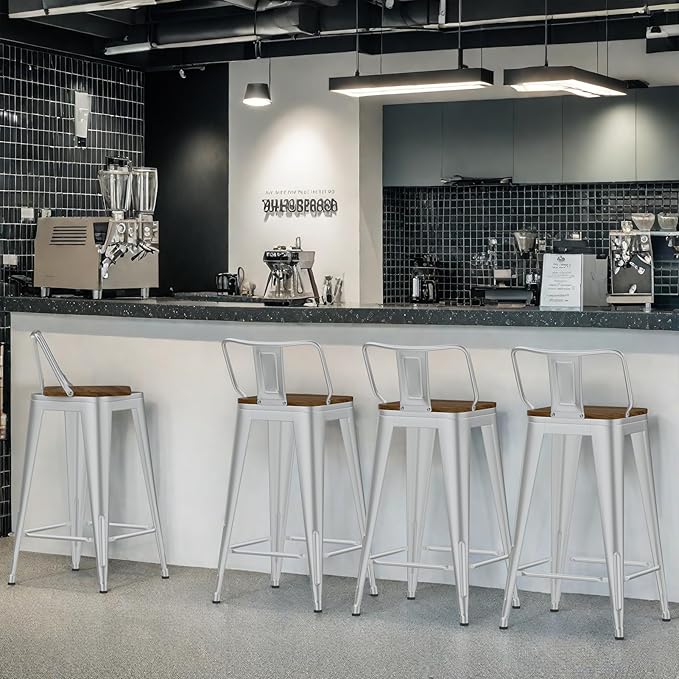 26 Inch Swivel Bar Stools Set of 4, Counter Height Bar Stools with Low Back, Metal Industrial Bar Chairs for Kitchen Island (Silver)