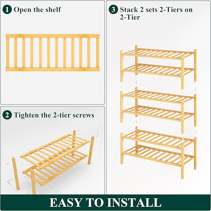 Smiry Shoe Rack, 6 Tier Thick Bamboo Shoe Organizer, Stackable Free Standing Wooden Shoe Storage Shelf for Closet, Entryway, Front Door Entrance, Natural