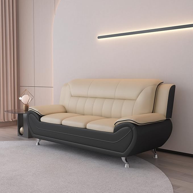 Container Furniture Direct Michael Modern Faux Leather Upholstered Stainless Steel Legs Living Room Sofa, Loveseat, Camel/Black