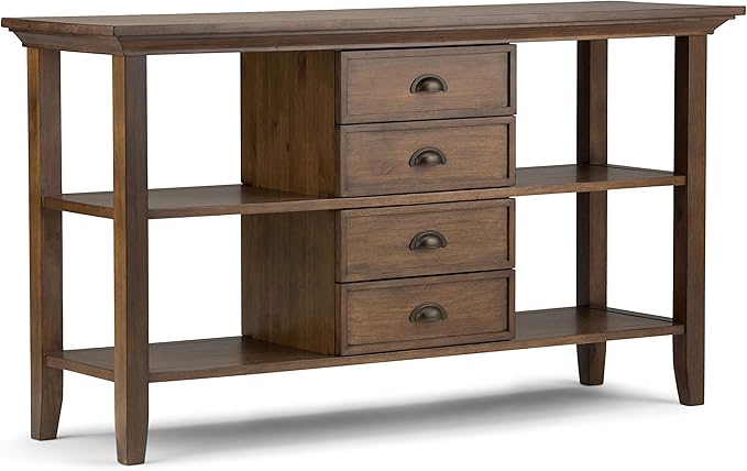 SIMPLIHOME Redmond Console Table - 54 Inch Wide Solid Wood Sofa Table in Rustic Natural Aged Brown, Transitional Storage Table for Entryway or Living Room with 4 Drawers and 4 Open Shelves