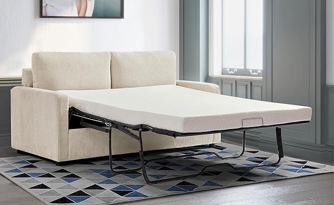 Reversible Sleeper Sofa Bed with Comfortable Memory Foam Mattress, Convertible Corduroy Full Size Pull Out Couch for Living Room, Space Saving Furniture, 70" Wide, Rectangular Arms, Ivory