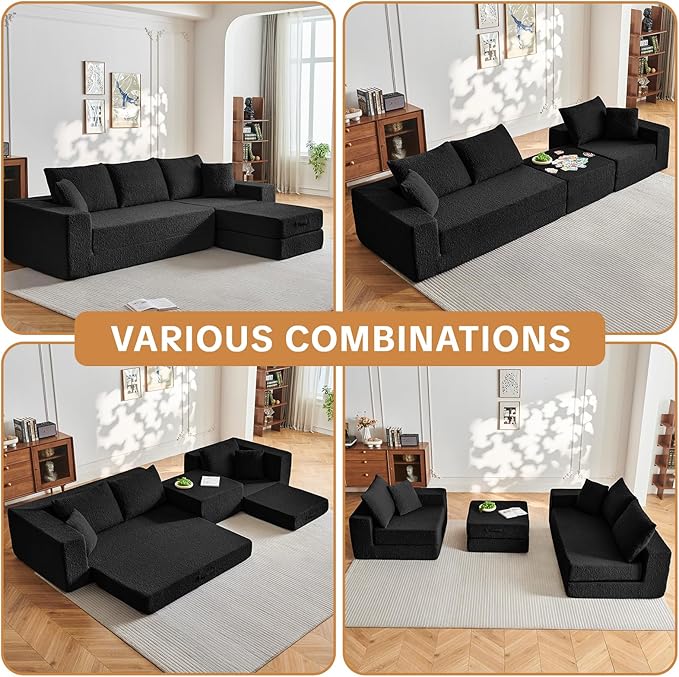 108" Modular Sectional Cloud Sofa - Boneless Couch with Deep Seat, Non Slip Base, Folding Sofa Sectional Couches for Living Room, Cozy Modular Couch with L-Shape Chaise, No Assembly Required, Black