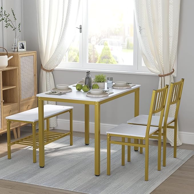 Teraves Dining Table Set for 4/Computer Desk,Kitchen Table with 2 Chairs and a Bench,Table and Chairs Dining Set 4 Picce Set for Dining Room (White Marbling+ Gold Frame,110CM)