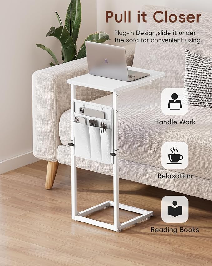 Vagusicc C Shaped End Table, 33" Tall Side Table for Couch, Adjustable Height Recliner Table Small Couch Side Tables, Sofa Tables Slide Under Sofa TV Tray Arm C Table for Living Room, Bedroom, White