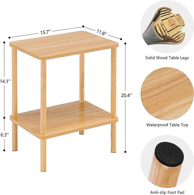 Apicizon 2 Tier End Table Set of 2, Small Side Table with Solid Wood Legs, Boho Bedside Table with Storage Shelf, Nightstand for Small Spaces, Bedroom, Living Room, Entryway, Easy Assembly, Natural
