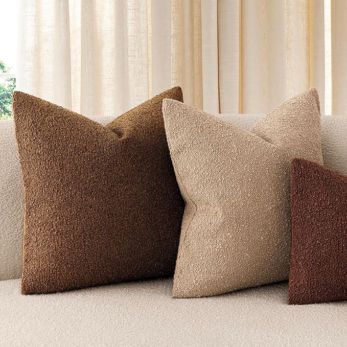 Foindtower Pack of 2, Decorative Textured Boucle Throw Pillow Covers Neutral Accent Solid Pillow Cases Cozy Soft Couch Cushion Case for Chair Sofa Bedroom Living Room Home Decor 22x22 Inch Hazel Brown