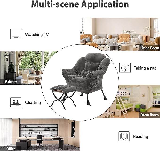 Lazy Chair with Folding Ottoman, Accent Chair Plush Upholstered with Metal Structure and Non-Slip Pads, Sofa Armchair with Footrest and Side Storage Bag for Dorm, Room, Office, Dark Gray