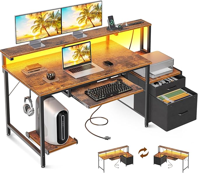 AODK Computer Desk with Drawers and Keyboard Tray, 48" Office Desk with Power Outlet and LED Lights, Reversible Study Work Desk with Printer Shelf and PC Stand for Home Office, Vintage