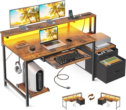 AODK Computer Desk with Drawers and Keyboard Tray, 48" Office Desk with Power Outlet and LED Lights, Reversible Study Work Desk with Printer Shelf and PC Stand for Home Office, Vintage