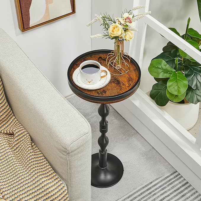Small Round Drink Table,Pedestal Tables,Small Round Side Table for Narrow Spaces,End Table for Living Room, Bedroom, Bathroom,Balcony (Rustic Brown)