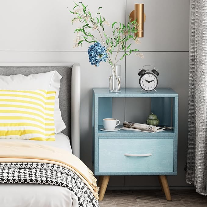 Night Stand, Blue Kids Nightstand with Drawer, Nursery Side Table with Open Storage, 2-Tier Modern End Table, Bedside Table for Small Space, Living Room, Bedroom
