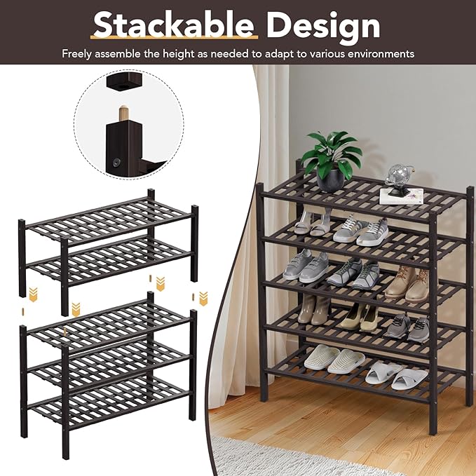 Haddockway 2 Tier Bamboo Shoe Rack Storage Organizer, Multifunctional Free Standing Stackable Shoe Shelf with Grid Panel for Closet,Hallway,Entryway,Small Space 27"x11"x13"(Brown, 2 Tier)