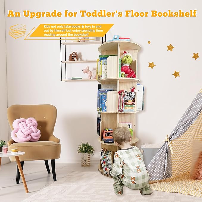 Rotating Bookshelf Kids, 360 Display 4 Tier Spinning Bookshelf Tower Stackable Solid Wood Book Shelf Rotating, Revolving Bookcase Floor Standing Bookcase Storage Display Rack for Kids&Adults, Pine