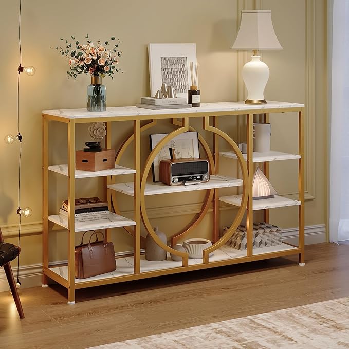 GiftGo 47" Industrial Console Tables for Entryway Rustic Sofa Table Behind Couch 4 Tier Wooden Shelves Entry Table with Storage for Foyer, Hallway, Front Door,Living Room (White Gold, 47")