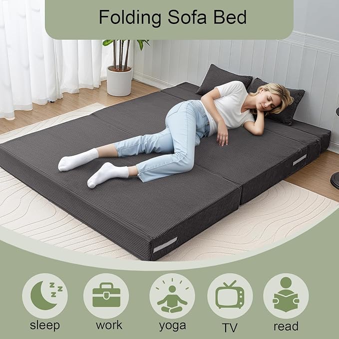 MeMoreCool Boneless Folding Sofa Bed Queen, Corduroy Convertible Sleeper Chair, Foldable Foam Mattress Chair, Comfy Fold‑Out Futon Couch Bed, Large Floor Sofa Couch for Living‑Room Guest