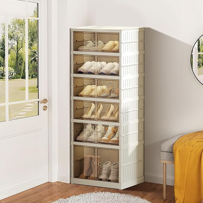 ELPHECO 6 Tier 12 Pairs Foldable Shoe Rack Shoe Organizer with Magnetic Doors, Entryway Folding Shoe Shelf, Easy Assembly Sneaker Cabinet, Plastic Shoe Storage Container Bins