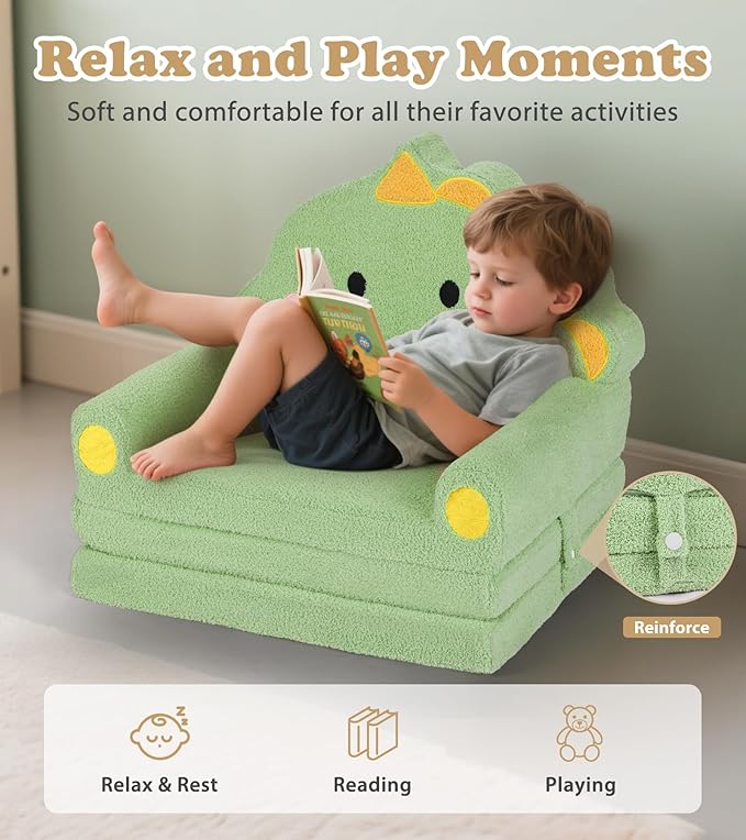 Kids Couch, 2-in-1 Soft Toddler Couch Fold Out with Blanket, Chair Comfy, Foldable Convertible Plush Sofa to Lounger, Gifts for Kids Girl Boys, Dinosaur