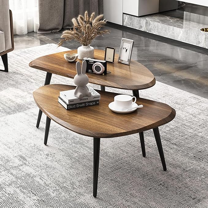 Midcentury Nesting Coffee Table Set of 2, Mid Century Modern Walnut Wood Oval Coffee Tables for Living Room, Compact Coffee Table and Side Table Set for Sofa Bedside Office Balcony or Small Spaces