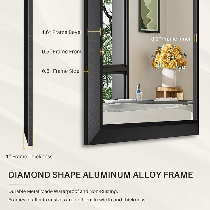 40x30 Inch Black Bathroom Mirror for Wall, Thick Metal Framed Rectangle Mirrors for Over Sink, Bedroom, Living Room, Entryway, Anti-Rust, HD Tempered Glass