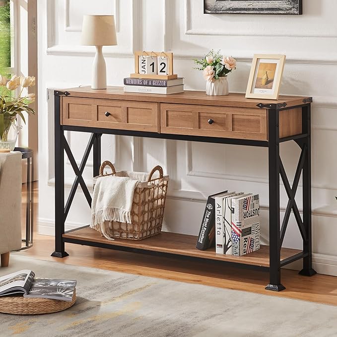 HOMBAZAAR Entryway Table,Rustic Console Table with 2 Drawers, Industrial Console Tables with Storage for Entryway, Hallway, Living Room,Brown,47 Inch