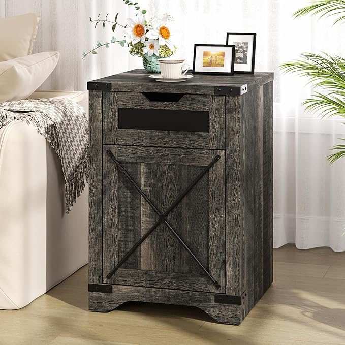 Farmhouse End Table with Charging Station, 26.4" Tall Rustic Nightstand with Drawer and X Barn Door, Country Bedside Sofa Side Table for Living Room, Dark Brown