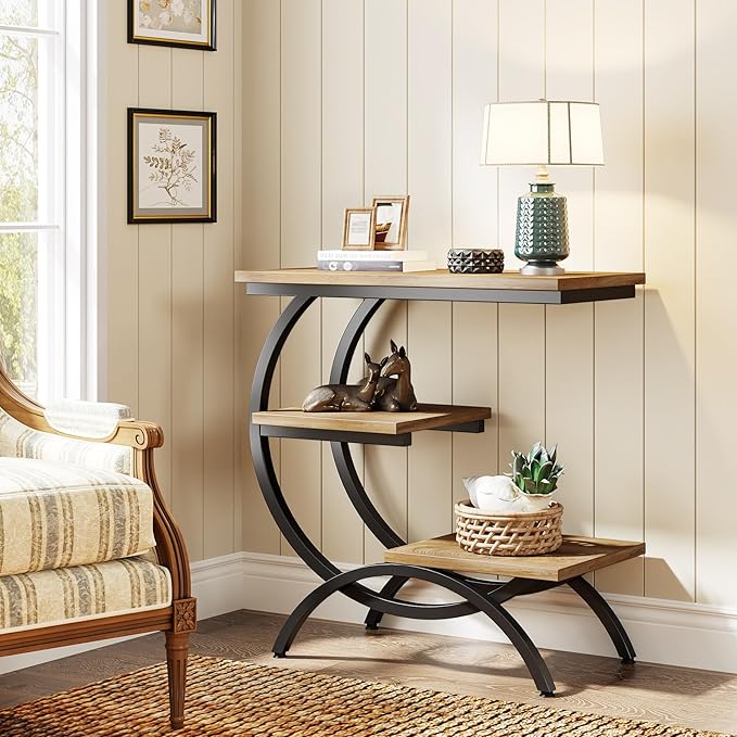 Tribesigns C-Shaped End Table, Industrial 3-Tier Small Side Table for Couch, Wood Bedside Table Snack Side Table with Storage Shelves for Living Room Small Space, Light Brown