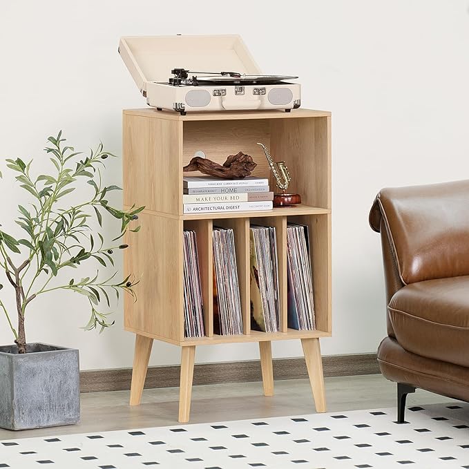 Lerliuo Record Player Stand, Burlywood Turntable Stand Holds up to 160 Albums, Mid-Century Vinyl Storage Cabinet Table with Solid Wood Legs, Record Player Holder Dispaly Shelf for Bedroom Living Room