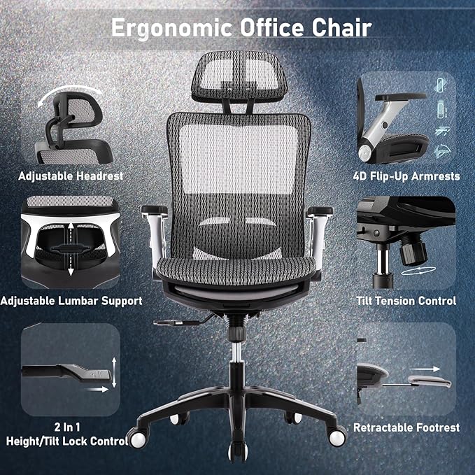COLAMY Ergonomic Mesh Office Chair with Footrest, High Back Computer Executive Desk Chair with Headrest and 4D Flip-up Armrests, Adjustable Tilt Lock and Lumbar Support-Grey