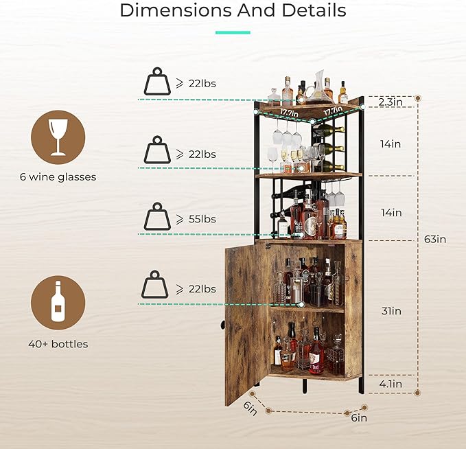 63” Corner Bar Cabinet with Wine Rack, 5-Tier Farmhouse Liquor Cabinet with Glass Holder, Adjustable Shelves & Barn Door, Rustic Brown Home Bar Storage for Living Room & Kitchen