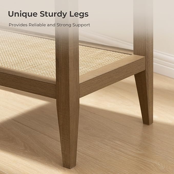 SICOTAS Rattan Night Stand Bedside Table - Farmhouse Boho Narrow End Table for Living Room - Accent Side Table with 2 Rattan Open Storage Shelves for Bedroom, Small Spaces
