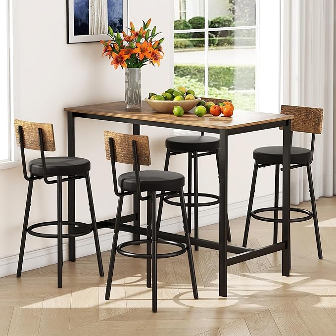 Tatub Bar Table and Chairs Set of 4, 5 Piece Counter Height High Breakfast Table Chairs Set of 4 for Dining Room, Brown