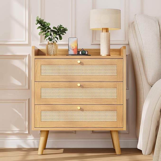 Rattan Nightstand with Charging Station, Night Stand with 3 Large Drawers, Side Table with USB Ports and Outlets, Bedside End Table for Bedroom
