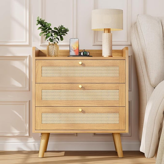 Rattan Nightstand with Charging Station, Night Stand with 3 Large Drawers, Side Table with USB Ports and Outlets, Bedside End Table for Bedroom