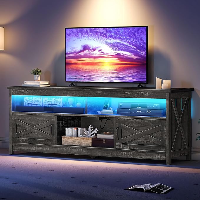 YITAHOME Farmhouse TV Stand for 65/75 Inch TV LED Entertainment Center Television Stand with Power Outlets and Open Shelf, Media Console TV Cabinet for Living Room, Dark Grey