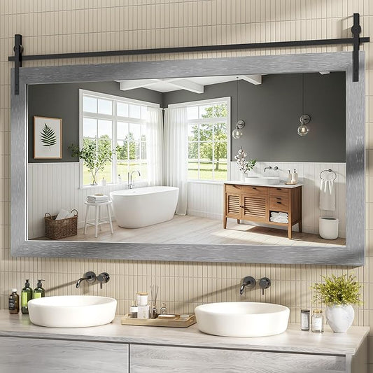 Hasipu Farmhouse Bathroom Mirror, 60"x30" Rustic Wood Framed Wall Mounted Mirror, Gray Vintage Vanity Mirror Barn Door Style Decrative Mirrors