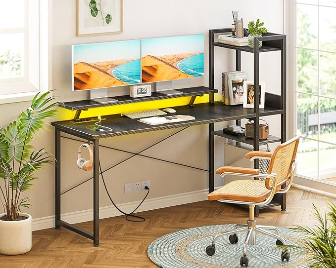 ODK Reversible 55 Inch Gaming Desk with USB Charging Port and LED Lights, Computer Desk with Storage Shelves and Monitor Stand, Study Table for Home Office, Morden Desk for Bedroom, Carbon Fiber Black