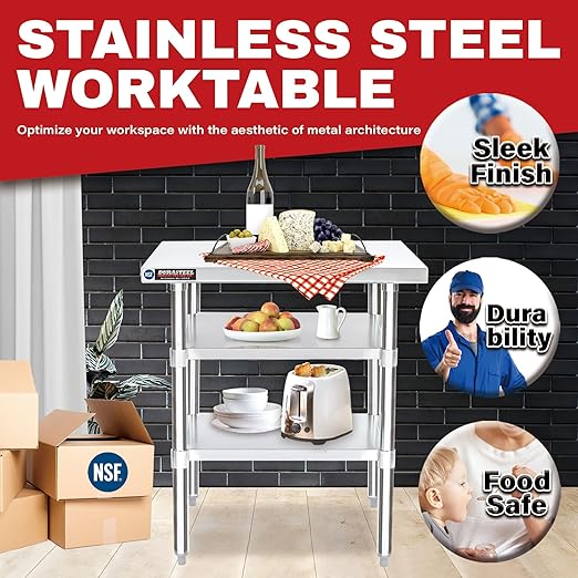 DuraSteel Food Prep Stainless Steel Table - 30 x 18 Inch Commercial Metal Workbench with Adjustable Under Shelf - NSF Certified - for Restaurant, Warehouse, Home, Kitchen, Garage
