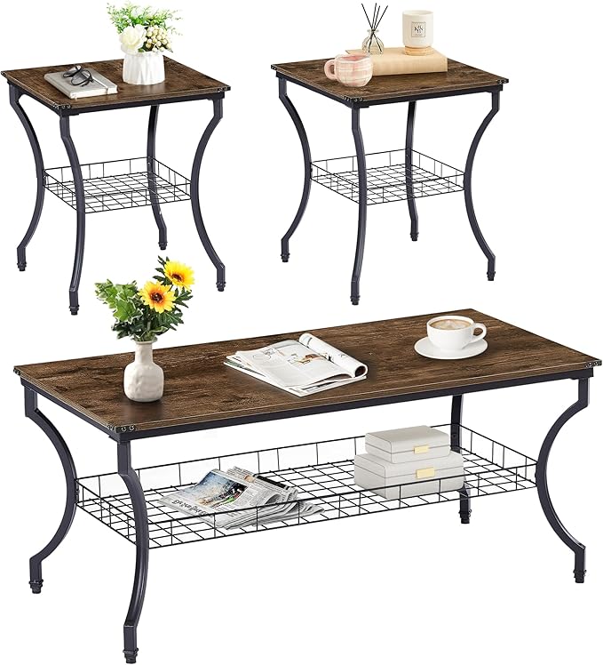 VECELO 3 Pieces Living Room Table Sets, Coffee and End Tables with Open Storage Shelves for Apartment, Home Office, Small Space, Easy Assembly, Brown