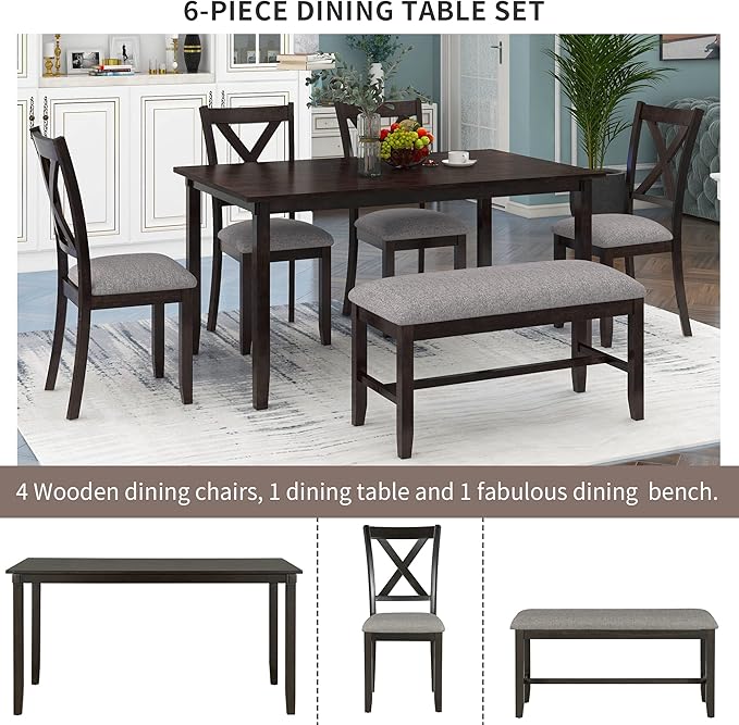 Ball & Cast 6 Piece Dining Table Set with 4 "X-Shaped Curved Backres Fabric Chairs & 1 Bench,Living Room Furniture W/ 60" Rectangle Kitchen Desk,for Restaurant,Home Bistro,Espresso