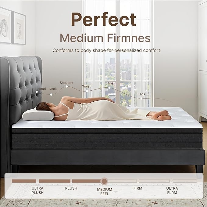 Queen Size Mattress, 12 Inch 5-Zone Pocket Spring Hybrid Mattress with Gel Memory Foam for Pressure Relief & Peaceful Sleep, Medium Firm, Mattress in a Box