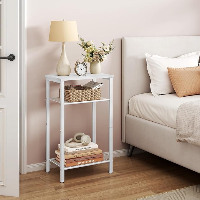Hoctieon 2-Set 3 Tier End Table, Telephone Table Set of 2, Tall Side Table with Storage Set of 2, Small Nightstand for Small Spaces, Metal Frame, White